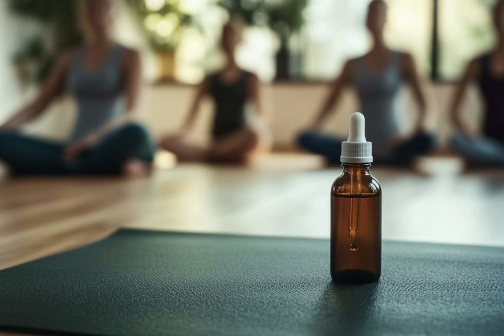 Un flacon d'huile de CBD est posé sur un tapis de yoga