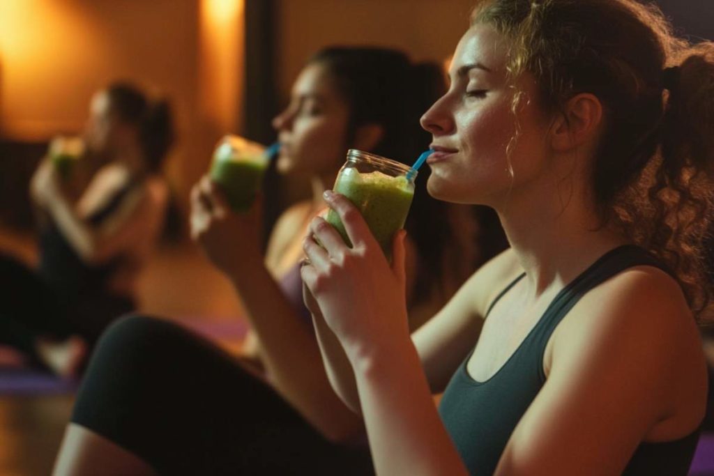 Un groupe de pratiquantes de yoga partage un smoothie au CBD