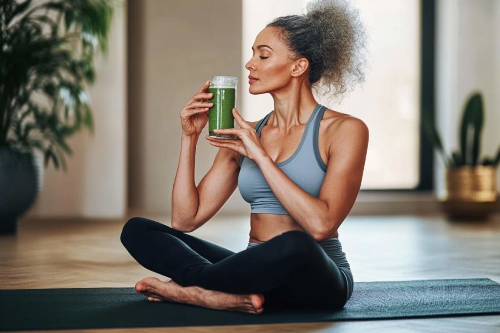 Une pratiquante de yoga est assise, buvant un smoothie au CBD
